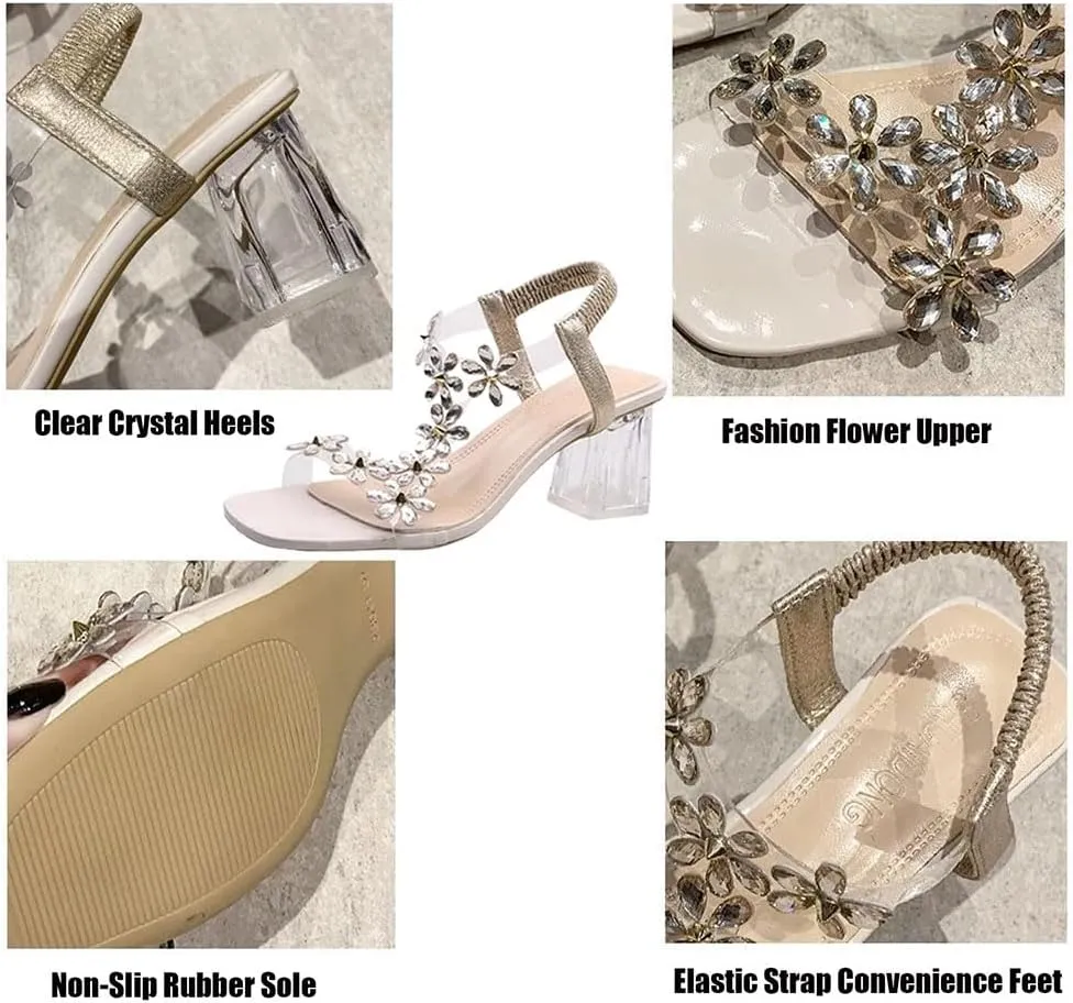 Zureto Women's Flower Rhinestone Block Heel Sandals, Fashion Clear Floral Crystal Block Heel Sandals Square Elastic Open Toe High Heels Shoes