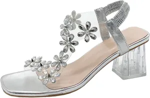 Zureto Women's Flower Rhinestone Block Heel Sandals, Fashion Clear Floral Crystal Block Heel Sandals Square Elastic Open Toe High Heels Shoes
