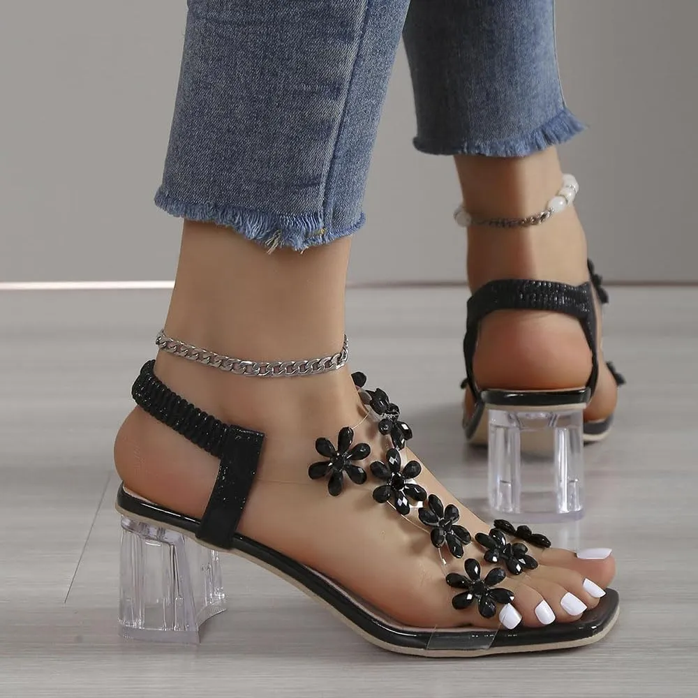 Zureto Women's Flower Rhinestone Block Heel Sandals, Fashion Clear Floral Crystal Block Heel Sandals Square Elastic Open Toe High Heels Shoes