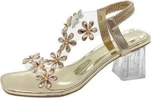 Zureto Women's Flower Rhinestone Block Heel Sandals, Fashion Clear Floral Crystal Block Heel Sandals Square Elastic Open Toe High Heels Shoes