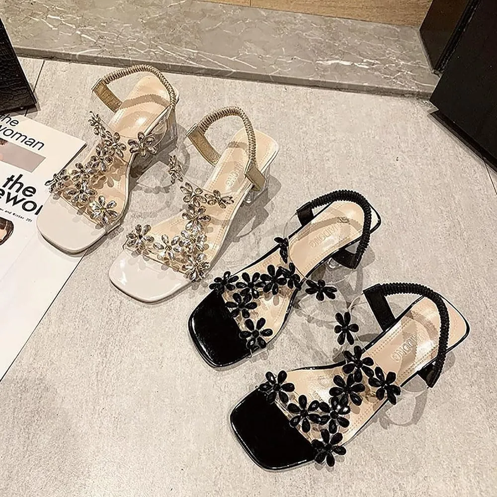Zureto Women's Flower Rhinestone Block Heel Sandals, Fashion Clear Floral Crystal Block Heel Sandals Square Elastic Open Toe High Heels Shoes